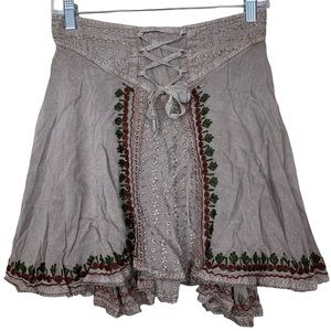 Shoreline Boho Festival Embroidered Hippie Corset Waist High Low Mini Skirt OS